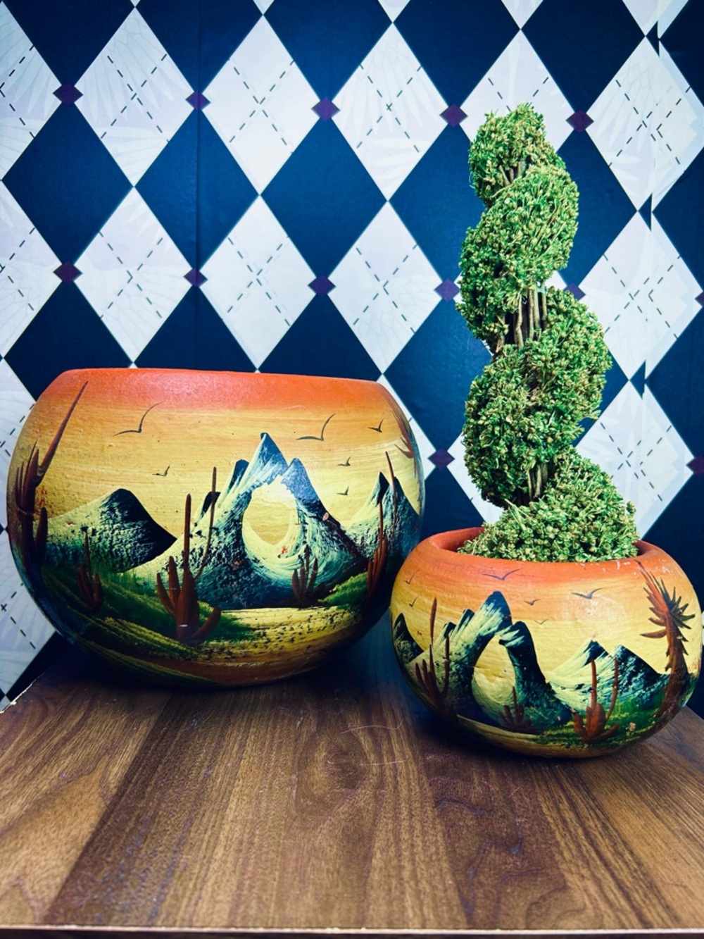1970s Mexican Desert Landscape Planters Hand Painted Clay Pottery Southwestern